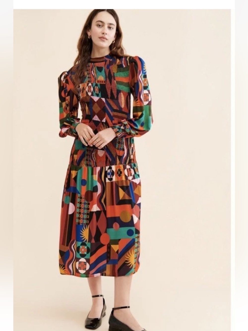 Farm Rio Dress Womens Small Tropical Geo Smocked Midi High Neck Puff Sleeve